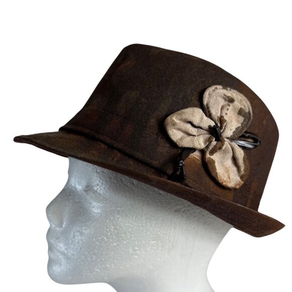 Distressed Fedora Brown Camo Floral Accent Steampunk Stagecoach Stingy Brim - Picture 2 of 13